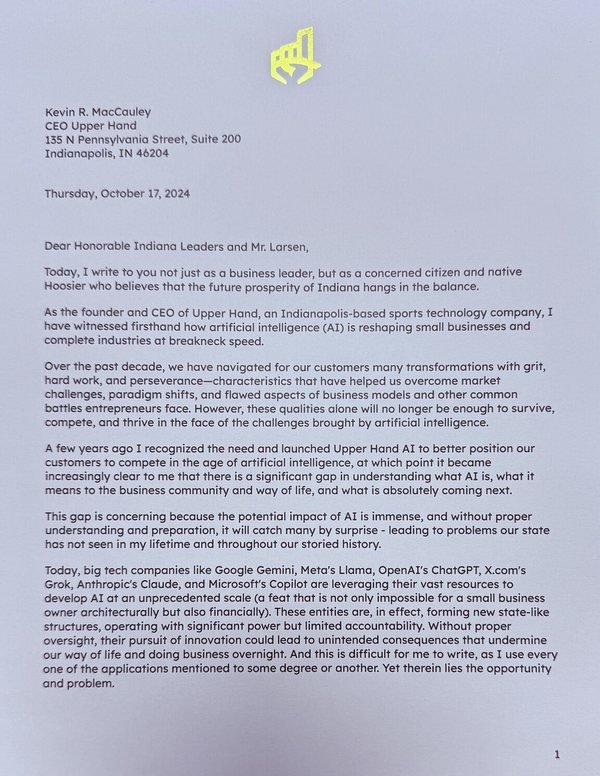 First page of Open letter to Indiana's state and federal leaders on AI